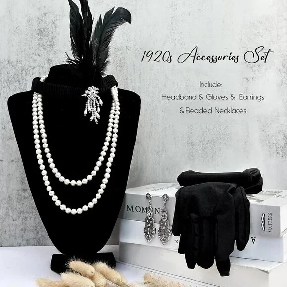 Women 1920s Flapper Set with Headband Beaded Necklaces Earrings Gloves for Vinta - Picture 6 of 7